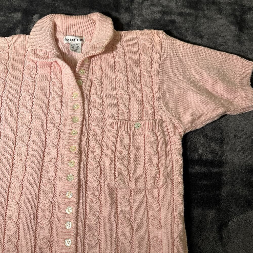 Tian Collection Pink Short Sleeve Cable Knit Cardigan Sweater Sz S Vtg Chunky